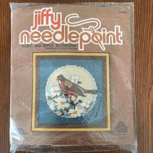 Vtg new in packaging 1981 Jiffy Needlepoint “Robin and Apple Blossoms” kit